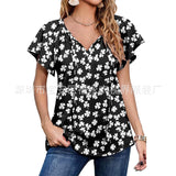Capreze Women Boho Floral Shirt Tops Ladies Ruffle V Neck Basic Tee Tunic Blouse Summer Flowy T-Shirt Size S-2XL