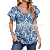 Capreze Women Boho Floral Shirt Tops Ladies Ruffle V Neck Basic Tee Tunic Blouse Summer Flowy T-Shirt Size S-2XL