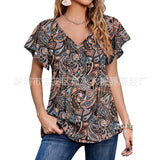 Capreze Women Boho Floral Shirt Tops Ladies Ruffle V Neck Basic Tee Tunic Blouse Summer Flowy T-Shirt Size S-2XL