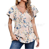 Capreze Women Boho Floral Shirt Tops Ladies Ruffle V Neck Basic Tee Tunic Blouse Summer Flowy T-Shirt Size S-2XL