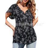 Capreze Women Boho Floral Shirt Tops Ladies Ruffle V Neck Basic Tee Tunic Blouse Summer Flowy T-Shirt Size S-2XL