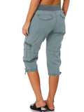 Women With Pockets Capri Pants Comfy Bottoms Loose Fit Casual Cropped Trousers Drawstring Elastic Waist Straight Leg Cargo Pant