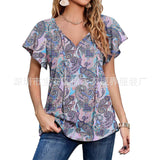 Capreze Women Boho Floral Shirt Tops Ladies Ruffle V Neck Basic Tee Tunic Blouse Summer Flowy T-Shirt Size S-2XL