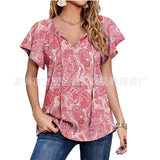 Capreze Women Boho Floral Shirt Tops Ladies Ruffle V Neck Basic Tee Tunic Blouse Summer Flowy T-Shirt Size S-2XL