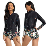 Women Zip Front One Piece Swimwear Rashguard Long Sleeve Swimsuit Boyleg Sports Beachwear Swimming Surfing Wetsuit Push Up Padded Bra Bathing Suits