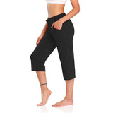 Women Elastic Waist Cropped Pants Casual Yoga Sports Capris Trousers