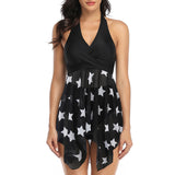 Plus Size Women Floral Swimdress Two Piece Swimwear Swimsuit Ladies Beachwear Mesh Swimming Costumes Bathing Suit Halterneck Push Up Padded Bra Backless Tummy Control S-XXL