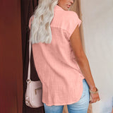 Women Solid Short Sleeve Shirt Lapel Blouse Baggy Loose Tunic Casual Tops Button-Down Cardigan
