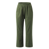 Women's Cotton Straight Capri Pants Casual Elastic Waist Trousers with 2 Pockets