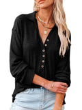 Calzi Women Solid Collar Shirt Buttons Down Loose Tunic Tops V Neck Long Sleeve Tee Shirts Pullover Blouse Top Blue XL