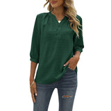 Lumento Women's Casual 3/4 Sleeve Shirt Henley V-Neck Button Up Pleated Tops Swiss Dot Blouse