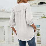 Lumento Women's Casual 3/4 Sleeve Shirt Henley V-Neck Button Up Pleated Tops Swiss Dot Blouse