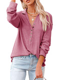 Calzi Women Solid Collar Shirt Buttons Down Loose Tunic Tops V Neck Long Sleeve Tee Shirts Pullover Blouse Top Blue XL