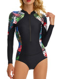 Women Zipper Front Wetsuit Swimsuit Long Sleeve One-piece Bathing Suit UV Sun Protection Surfing Swimwear Tummy Control Diving Beachwear