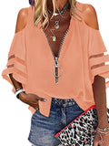 Lumento Women Zip Up V Neck Blouse Bell Sleeve Casual Shirts Sexy Cold Shoulder Tops