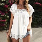 Short Sleeve Swing Shirt for Womens Casual Loose Lace Crochet Tunic Blouse Tops Summer Beach Square Neck T Shirt
