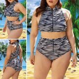 Women Plus Size Swimsuit 2 Piece Tankini Bathing Suit Zipper Front Beachwear Zebra Stripe Swimwear