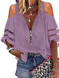 Lumento Women Zip Up V Neck Blouse Bell Sleeve Casual Shirts Sexy Cold Shoulder Tops