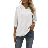 Lumento Women's Casual 3/4 Sleeve Shirt Henley V-Neck Button Up Pleated Tops Swiss Dot Blouse