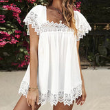 Short Sleeve Swing Shirt for Womens Casual Loose Lace Crochet Tunic Blouse Tops Summer Beach Square Neck T Shirt