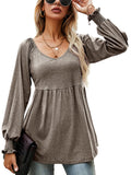 Women Ruched Baggy T-shirt Puff Long Sleeves Tops Loose Casual Tunic Sexy Low V Neck Blouse Swing Ruffle Pullover