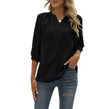 Lumento Women's Casual 3/4 Sleeve Shirt Henley V-Neck Button Up Pleated Tops Swiss Dot Blouse