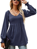Women Ruched Baggy T-shirt Puff Long Sleeves Tops Loose Casual Tunic Sexy Low V Neck Blouse Swing Ruffle Pullover
