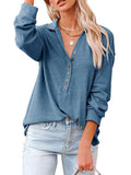 Calzi Women Solid Collar Shirt Buttons Down Loose Tunic Tops V Neck Long Sleeve Tee Shirts Pullover Blouse Top Blue XL