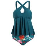 Women Tummy Control Tankini Swimsuit Two Piece Swimwear Ladies Swing Tankini Set Beachwear Ruffled Bikini Set Swimming Costumes Bathing Suit Push Up Padded Bra Backless Tankini Tops with Swim Bottoms