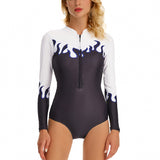 White Women Zipper Front Wetsuit Swimsuit Long Sleeve One-piece Bathing Suit UV Sun Protection Surfing Swimwear Tummy Control Diving Beachwear
