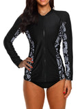 Black Women Zipper Front Wetsuit Swimsuit Long Sleeve One-piece Bathing Suit UV Sun Protection Surfing Swimwear Tummy Control Diving Beachwear