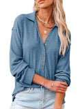 Calzi Women Solid Collar Shirt Buttons Down Loose Tunic Tops V Neck Long Sleeve Tee Shirts Pullover Blouse Top Blue XL
