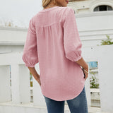 Lumento Women's Casual 3/4 Sleeve Shirt Henley V-Neck Button Up Pleated Tops Swiss Dot Blouse