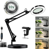 Brightify Magnifying Glass with Light and Stand, 10X Magnifying Lamp, 2-in-1 Magnifying Desk Lamp with Clamp, 3 Color Mode, Magnifying Glasses with Light for Close Work (2nd Generation Base ＆ Clamp)