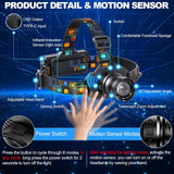 Brightify Headlamp Rechargeable, Bright LED Head Lamp with White Red Light, LED Headlamp Motion Sensor 90° Adjustable Zoomable 6 Modes Head Lights for Forehead for Adults Running Hunting Camping Hiking Fishing