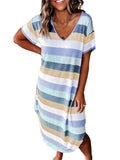 Frontwalk Women Cotton Nightgown Sleepwear Short Sleeves Shirt Casual Striped Print Sleepdress Soft Sleepshirt Loose Fit Loungewear Size S-3XL