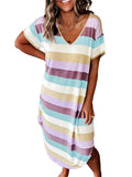 Frontwalk Women Cotton Nightgown Sleepwear Short Sleeves Shirt Casual Striped Print Sleepdress Soft Sleepshirt Loose Fit Loungewear Size S-3XL