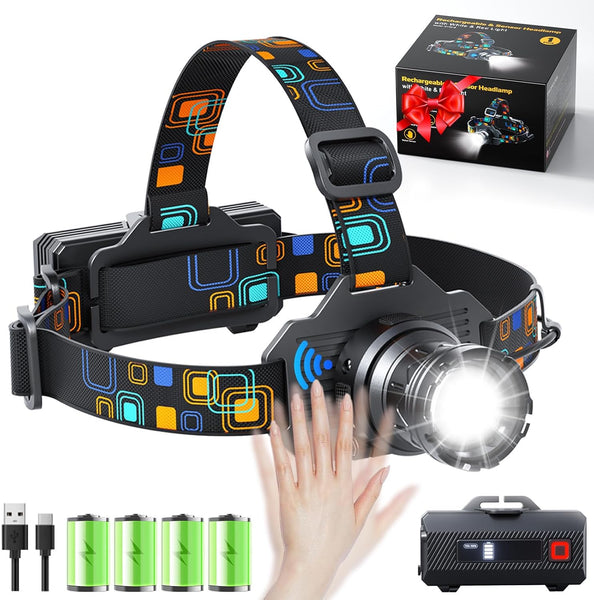 Brightify Headlamp Rechargeable, Bright LED Head Lamp with White Red Light, LED Headlamp Motion Sensor 90° Adjustable Zoomable 6 Modes Head Lights for Forehead for Adults Running Hunting Camping Hiking Fishing