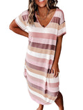 Frontwalk Women Cotton Nightgown Sleepwear Short Sleeves Shirt Casual Striped Print Sleepdress Soft Sleepshirt Loose Fit Loungewear Size S-3XL