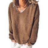 LUXUR Ladies V Neck Pullover Warm Long Sleeve Jumpers Winter Tunic Solid Color Tops