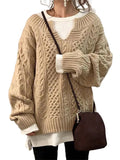 Frontwalk Womens V Neck Sweaters Long Sleeve Cable Knit Pullover Jumper Tops Casual Winter Fall Chunky Knitwear Outwear