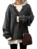 Frontwalk Womens V Neck Sweaters Long Sleeve Cable Knit Pullover Jumper Tops Casual Winter Fall Chunky Knitwear Outwear