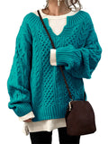 Frontwalk Womens V Neck Sweaters Long Sleeve Cable Knit Pullover Jumper Tops Casual Winter Fall Chunky Knitwear Outwear
