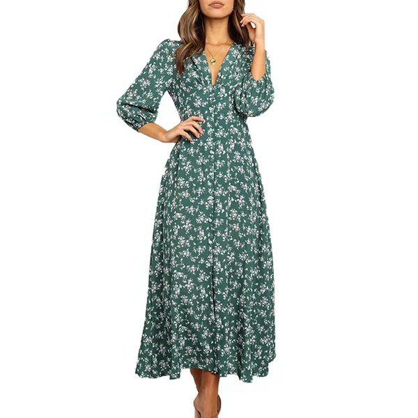 LUXUR Womens Long Sleeve Bohemian Floral Maxi Dresses Loose Casual High Waist Boho Printed Maxi Dress Beach Party Dress