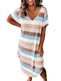 Frontwalk Women Cotton Nightgown Sleepwear Short Sleeves Shirt Casual Striped Print Sleepdress Soft Sleepshirt Loose Fit Loungewear Size S-3XL