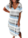 Frontwalk Women Cotton Nightgown Sleepwear Short Sleeves Shirt Casual Striped Print Sleepdress Soft Sleepshirt Loose Fit Loungewear Size S-3XL