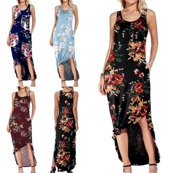 Women Summer Long Vest Skirt Crew Neck Sexy Maxi Dress Casual Floral Print Sundress Side Slit Pocket