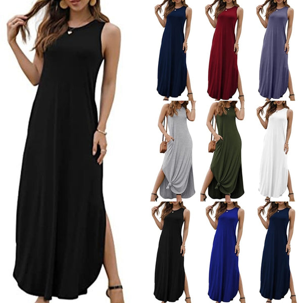 Womens Casual Summer Sleeveless Maxi Long Dress Side Split Tank Dress Plus Size T Shirt Sun Dress with Pocket