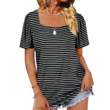 Women Loose Solid Color Ruched Tunic Short Sleeve Stripe T Shirts