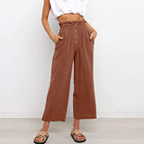 Women Plain Daily Wear Trousers Casual Buttons Palazzo Pant Loose Fit Solid Color Pants
